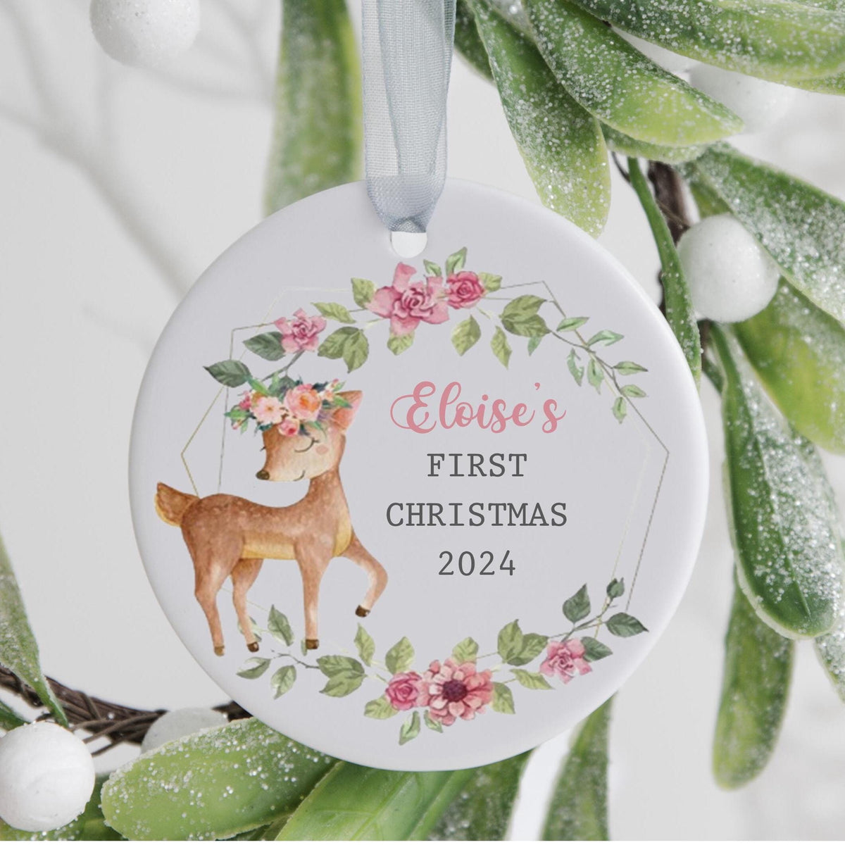 personalised Baby's First Christmas Ornament: Watercolor Deer Bauble