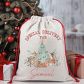 Personalized Christmas gift bag with reindeer and tree design in front of a decorated tree.