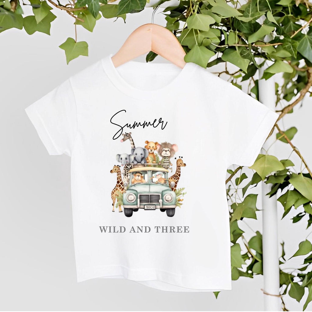 personalised Safari Animal Birthday T-shirt: Wild & Three