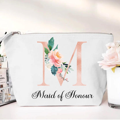 personalised Floral Bridal Party Makeup Bag: Rose Gold Monogram