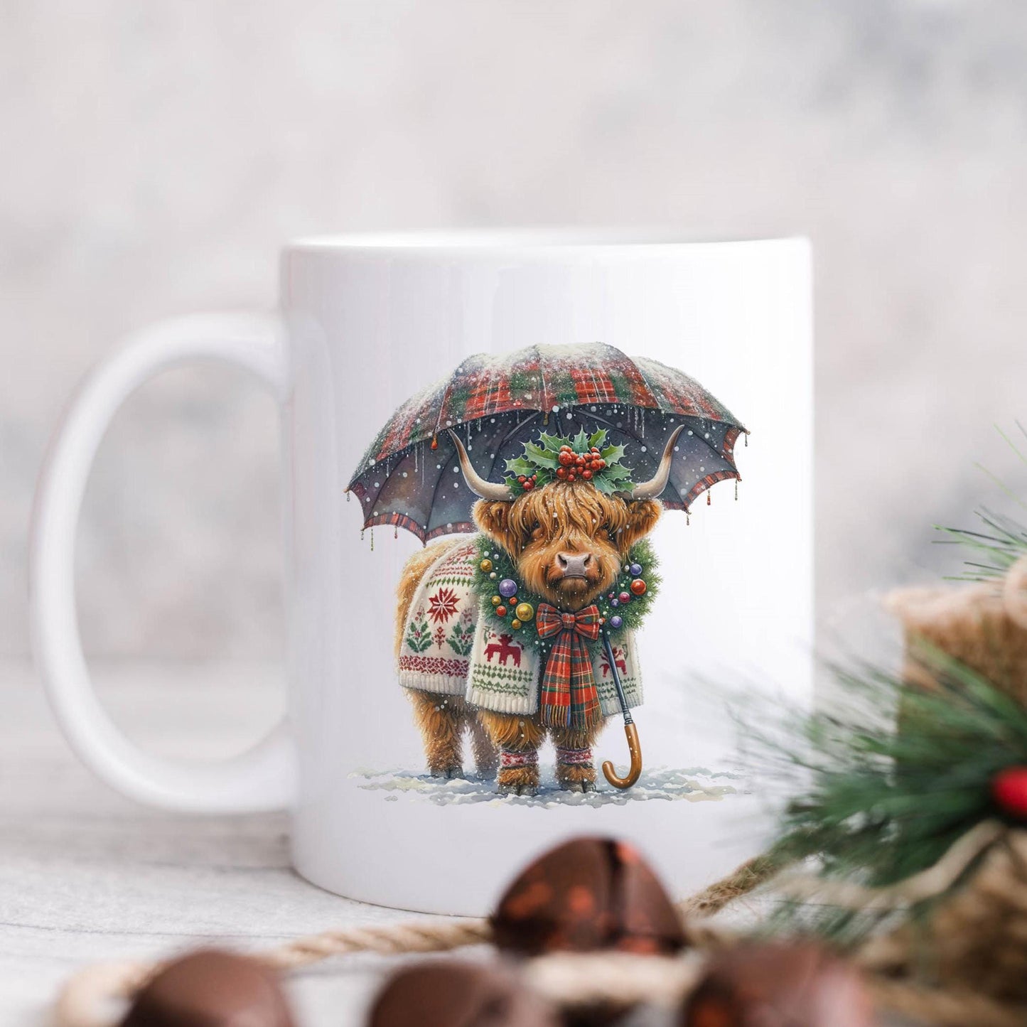 Personalised red inner Christmas highland cow mug
