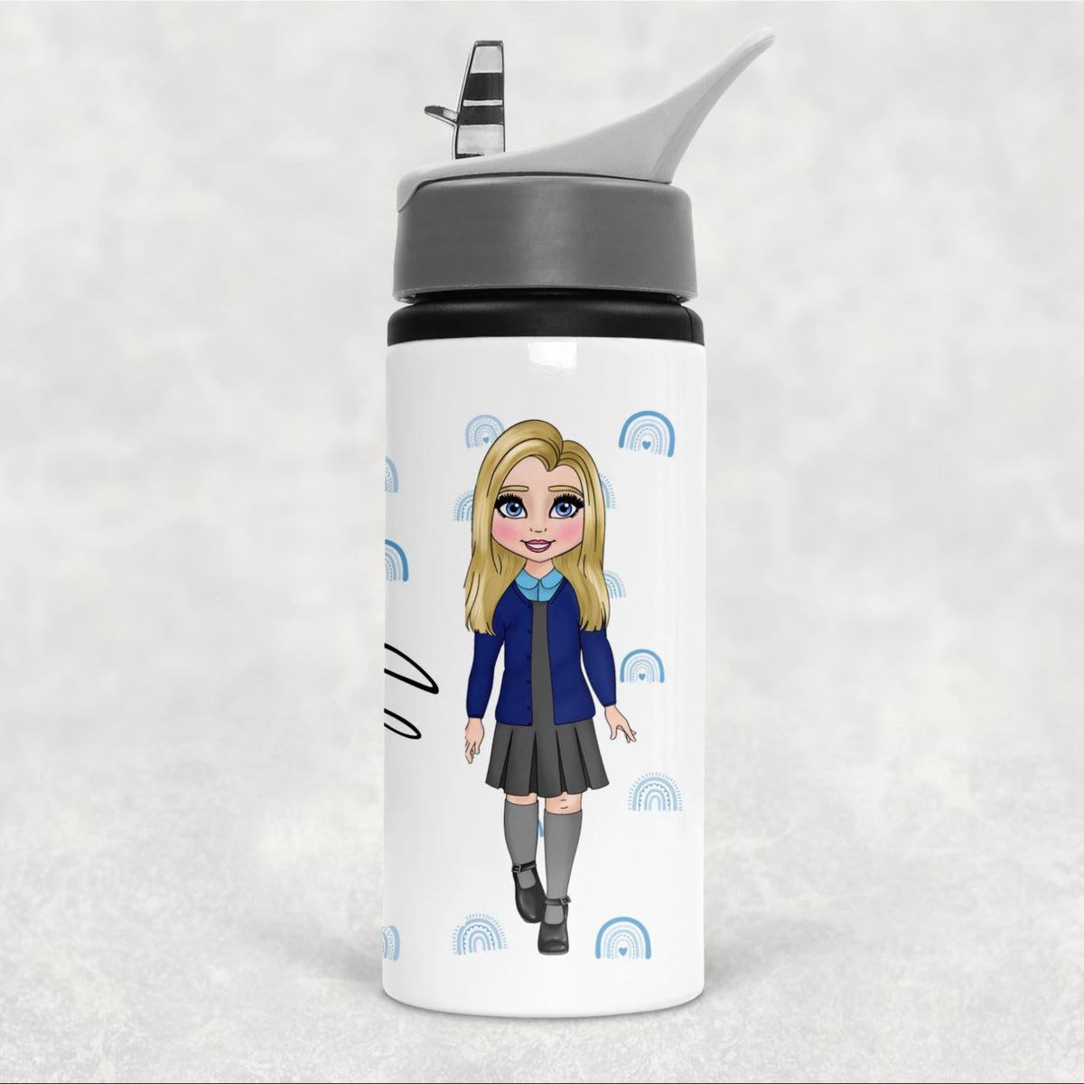 Water bottle with a cartoon character design on a white background