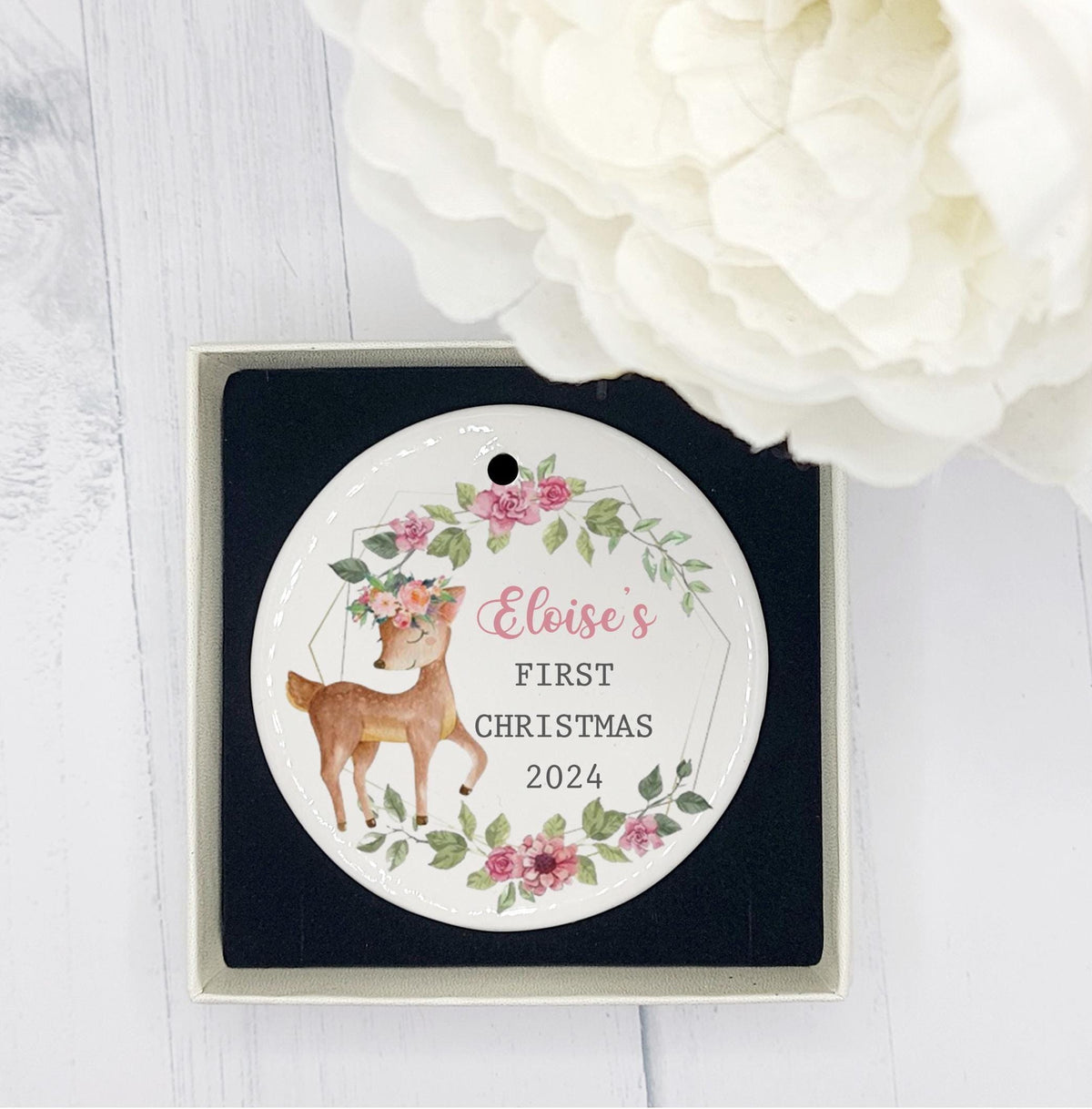 personalised Baby's First Christmas Ornament: Watercolor Deer Bauble