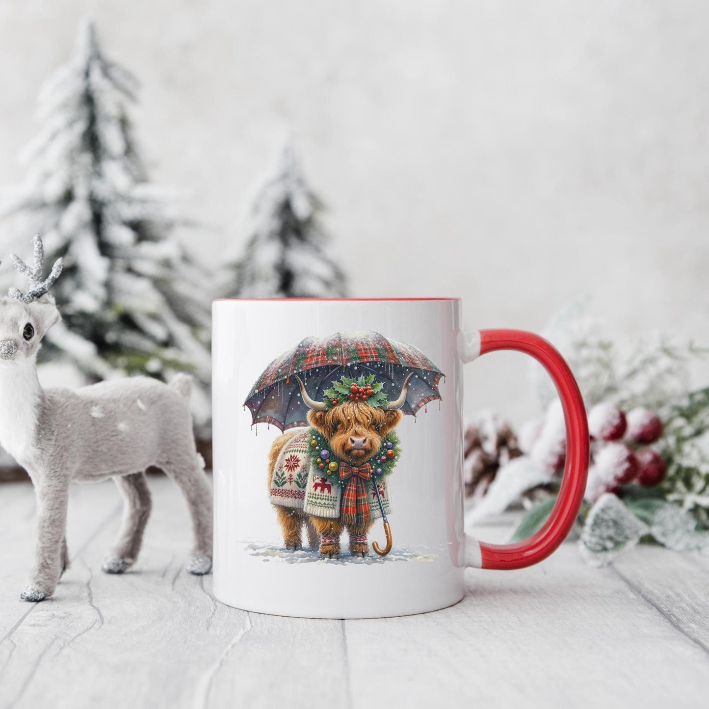 Personalised red inner Christmas highland cow mug