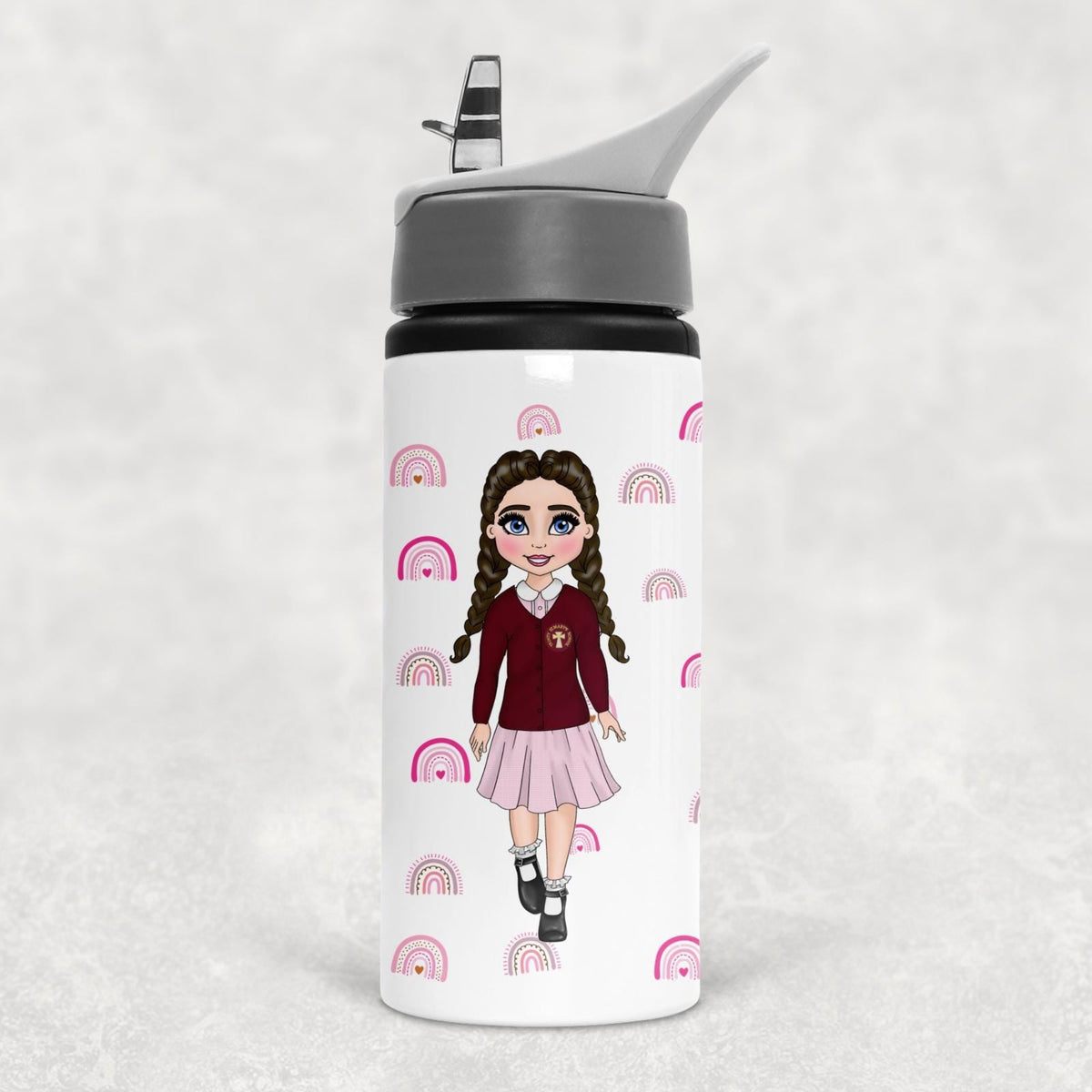 Water bottle with a character design on a white background