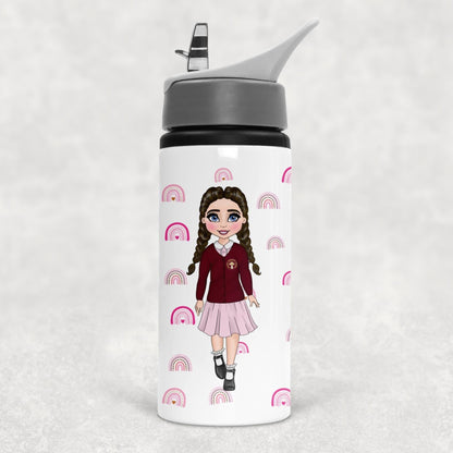 Water bottle with a character design on a white background
