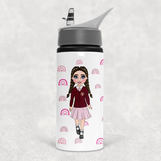 A personalized water bottle with a printed character design in burgundy school uniform colors, featuring a retractable mouthpiece and a plastic handle.