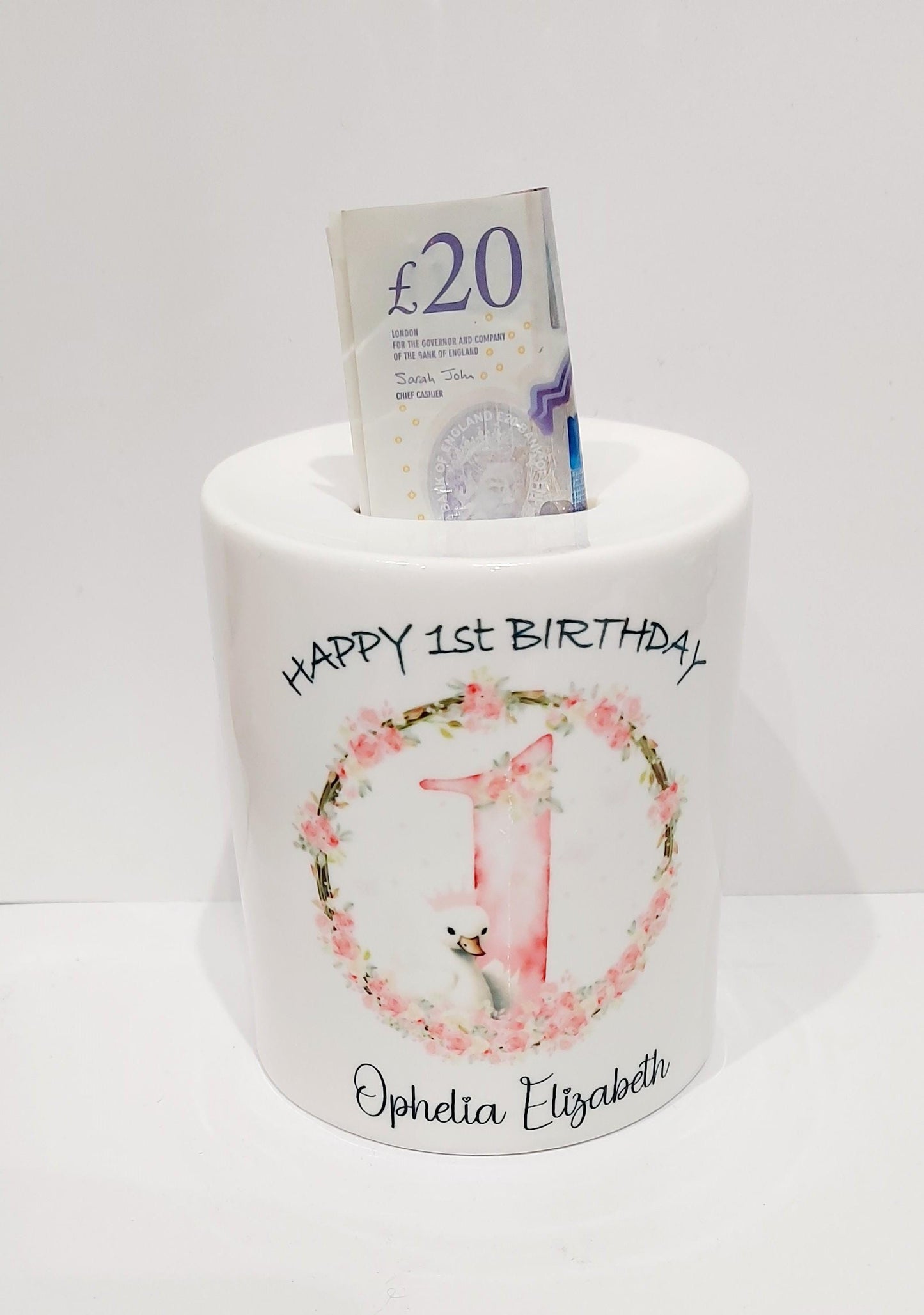 Personalised swan 1st birthday Money Box