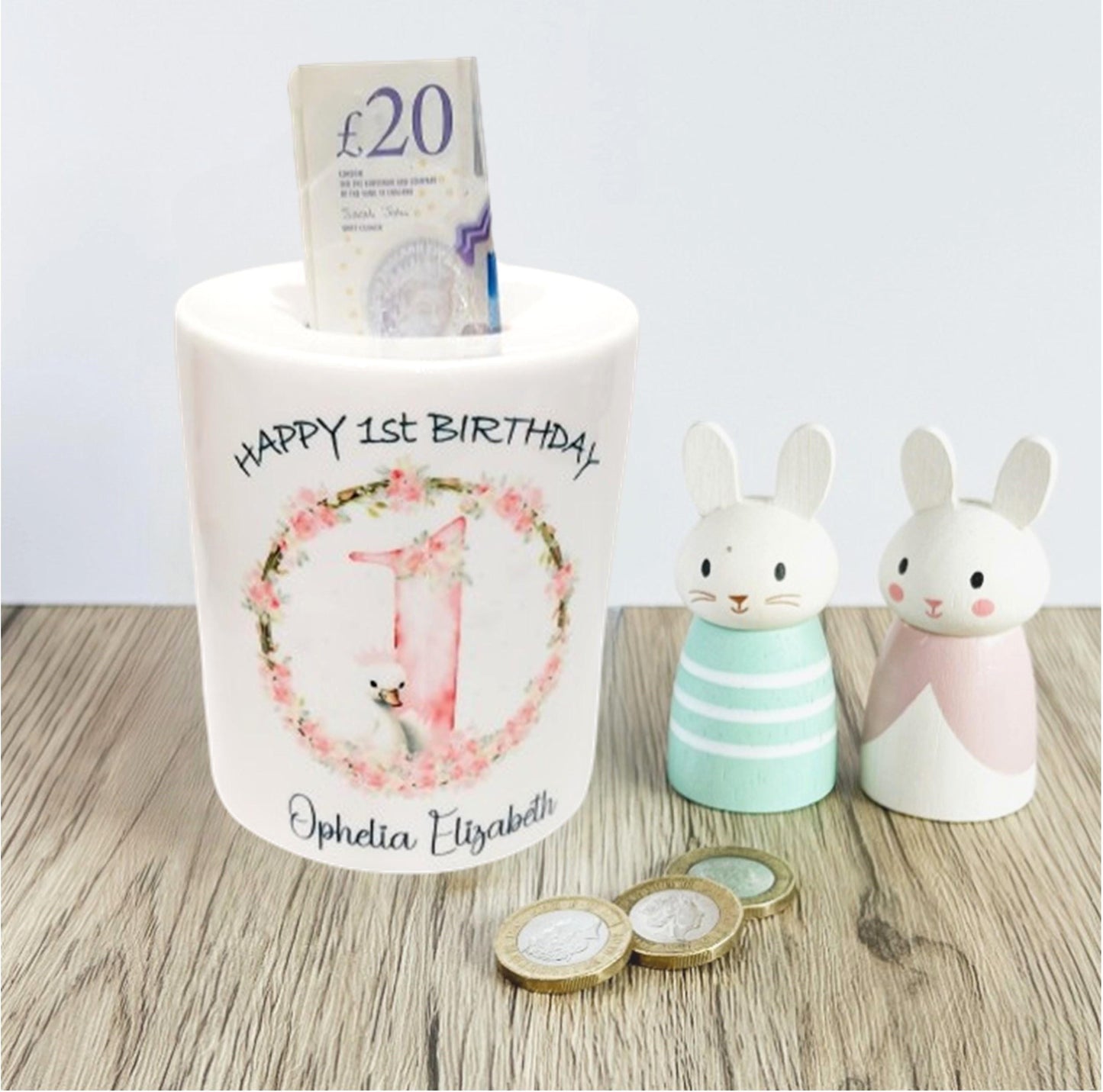 Personalised swan 1st birthday Money Box