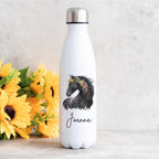 personalised Horse Water Bottle: Floral Black Horse, Stainless Steel 500ml