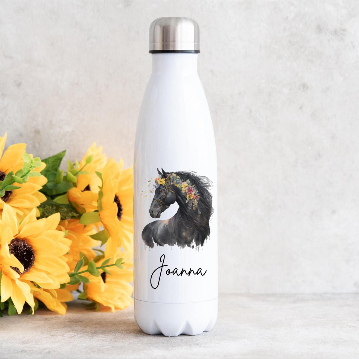 personalised Horse Water Bottle: Floral Black Horse, Stainless Steel 500ml