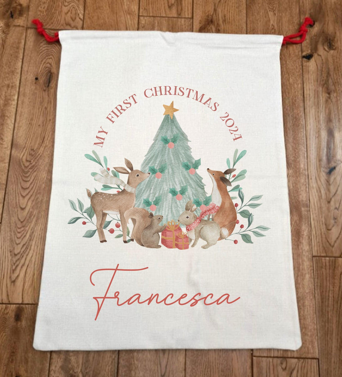 personalised First Christmas Sack: Woodland Animals, Linen Finish