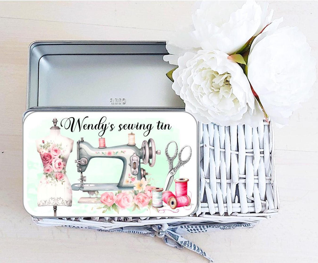 personalised Sewing Tin: Multicoloured Sewing Design, Gift for Nan