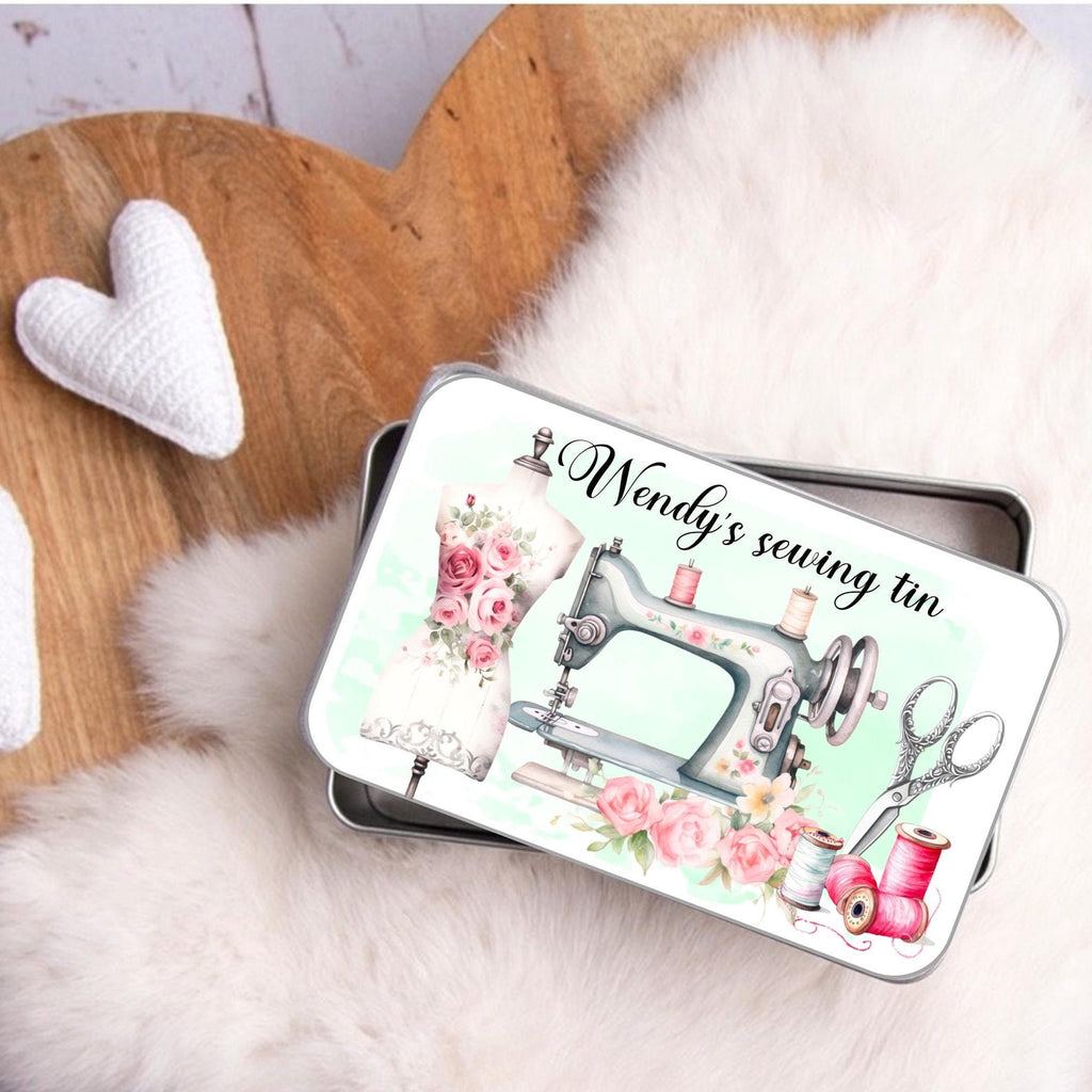 personalised Sewing Tin: Multicoloured Sewing Design, Gift for Nan