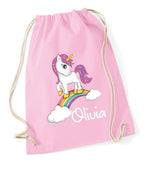 personalised Unicorn Drawstring Bag: Girls Gym, School PE Bag