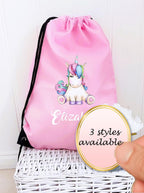 personalised Unicorn Drawstring Bag: Girls Gym, School PE Bag