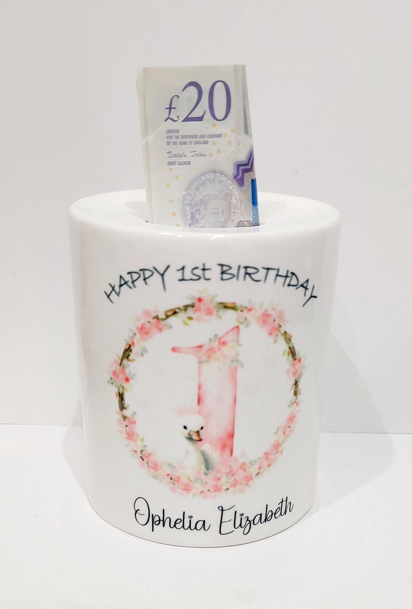 Personalised swan 1st birthday Money Box