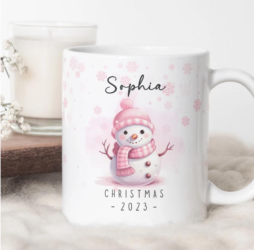 Personalised blue snowman mug, snowman gift, stocking filler present, Christmas Eve box filler, Christmas Mug, personalised pink snowman mug