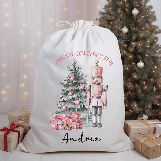 Personalised pink Nutcracker Christmas present sack