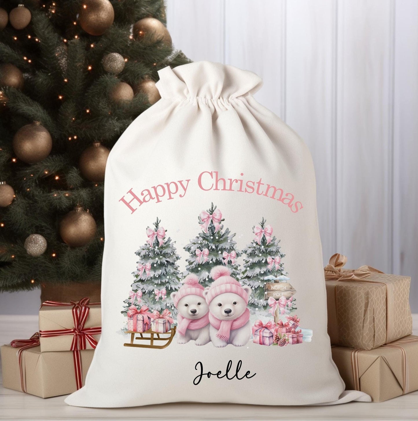 Personalised Pink Christmas polar bear gift sack