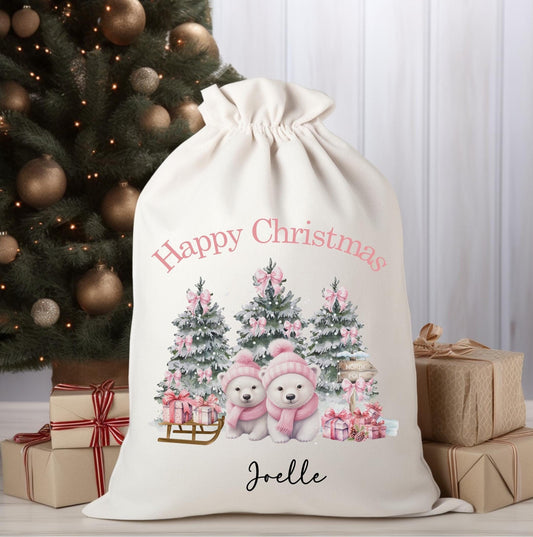 Personalised Pink Christmas polar bear gift sack