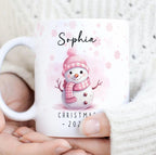 Personalised blue snowman mug, snowman gift, stocking filler present, Christmas Eve box filler, Christmas Mug, personalised pink snowman mug