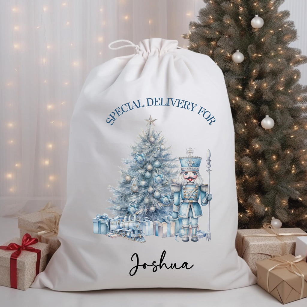 personalised Nutcracker Christmas Sack: Blue Linen Present Bag