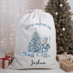 personalised Nutcracker Christmas Sack: Blue Linen Present Bag
