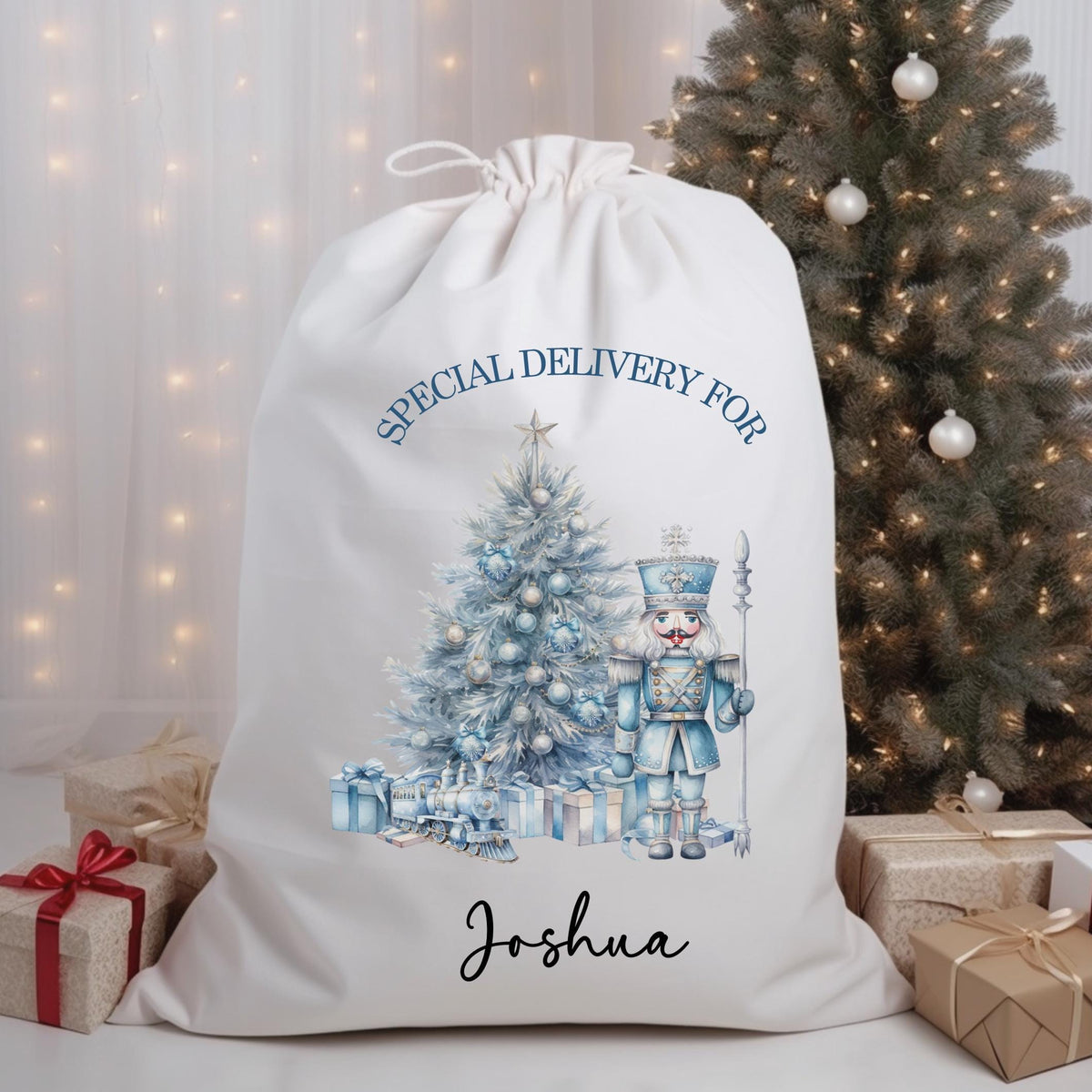 personalised Nutcracker Christmas Sack: Blue Linen Present Bag