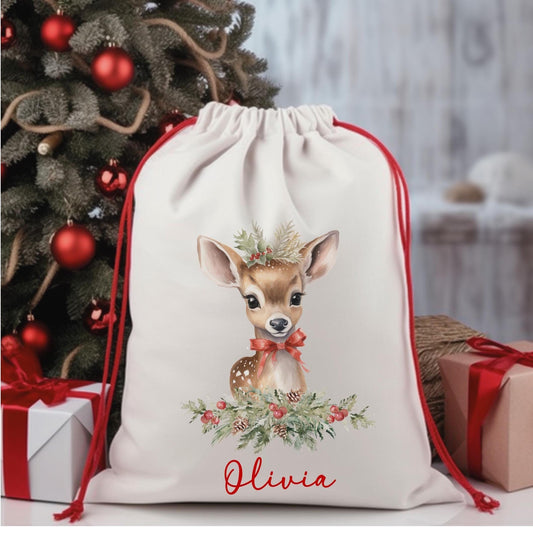 Personalised festive reindeer Christmas present sack