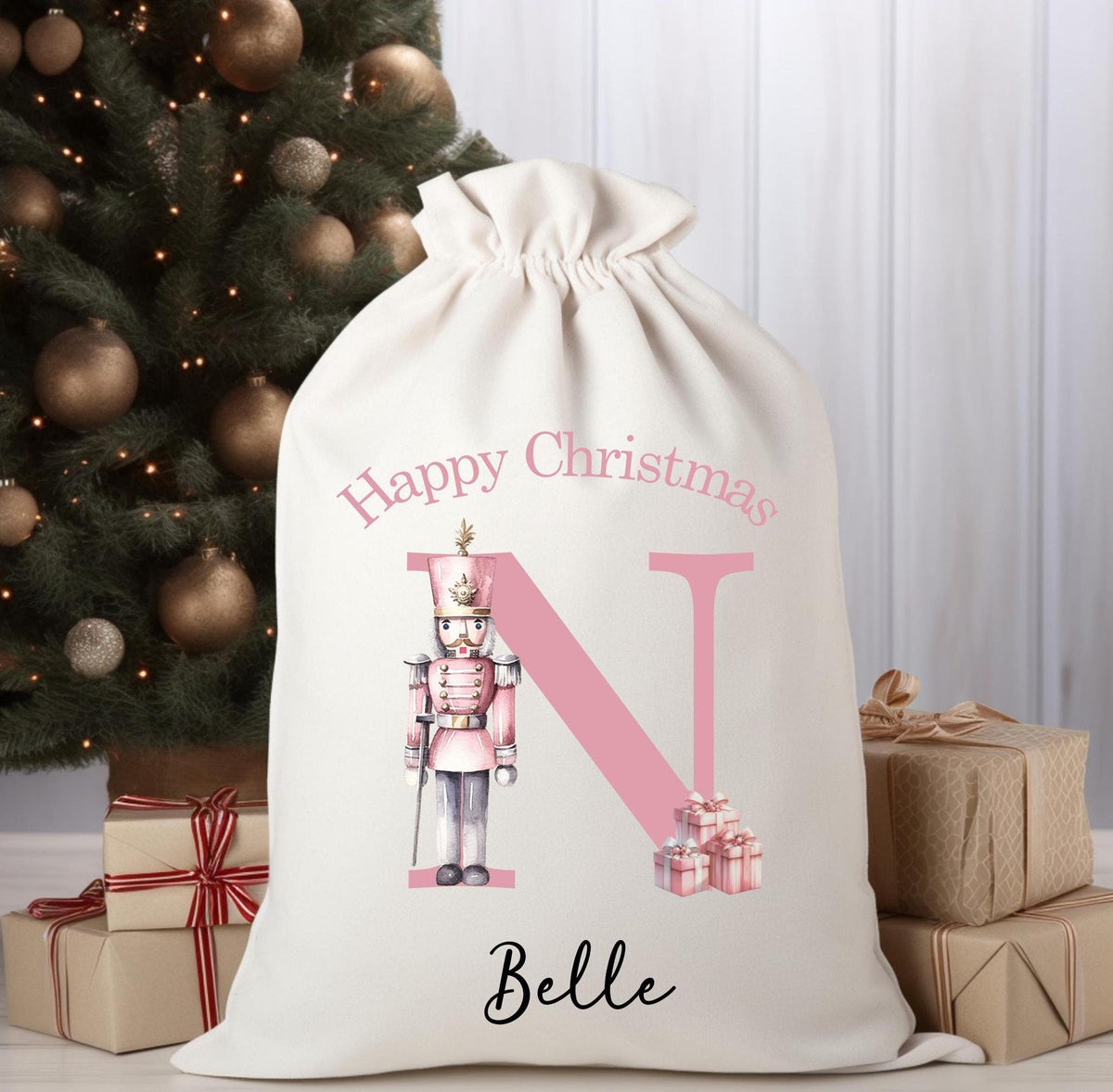 personalised Pink Nutcracker Christmas Sack: Linen Present Bag