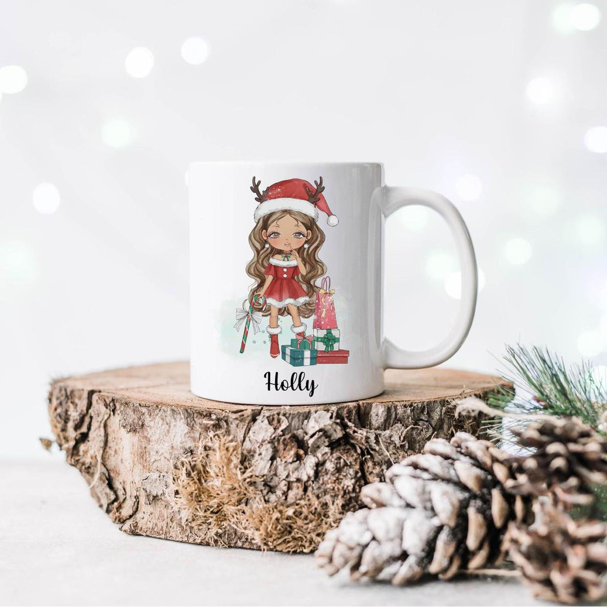 Personalised Christmas doll Mug: Custom Girl Character, Stocking Filler