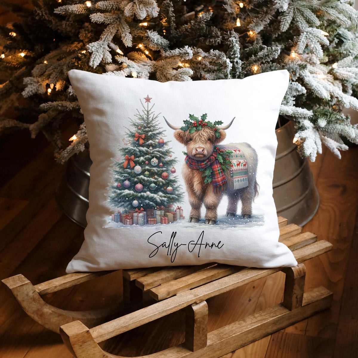 Christmas Highland Cow Cushion: personalised Holiday Pillow