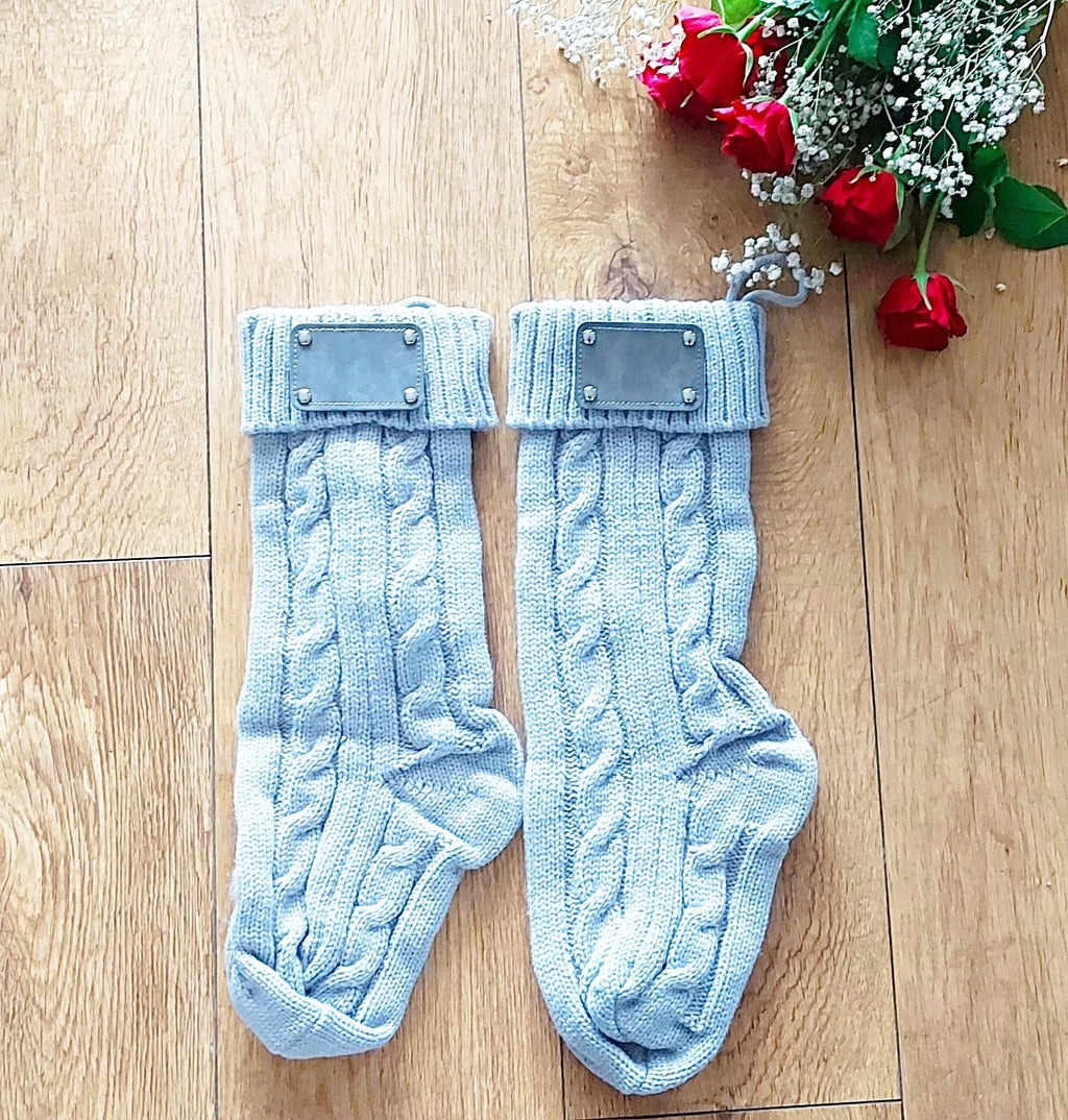 personalised Knit Christmas Stocking: Silver Grey Wool, Leather Tag