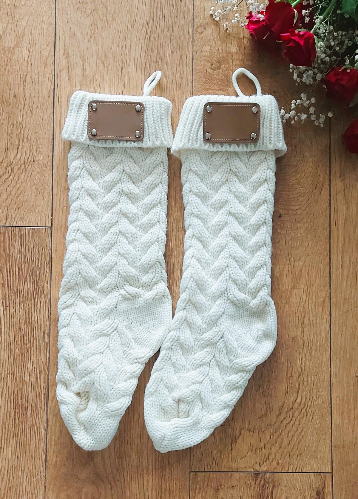 personalised Cream Knit Christmas Stocking with Leather Tag