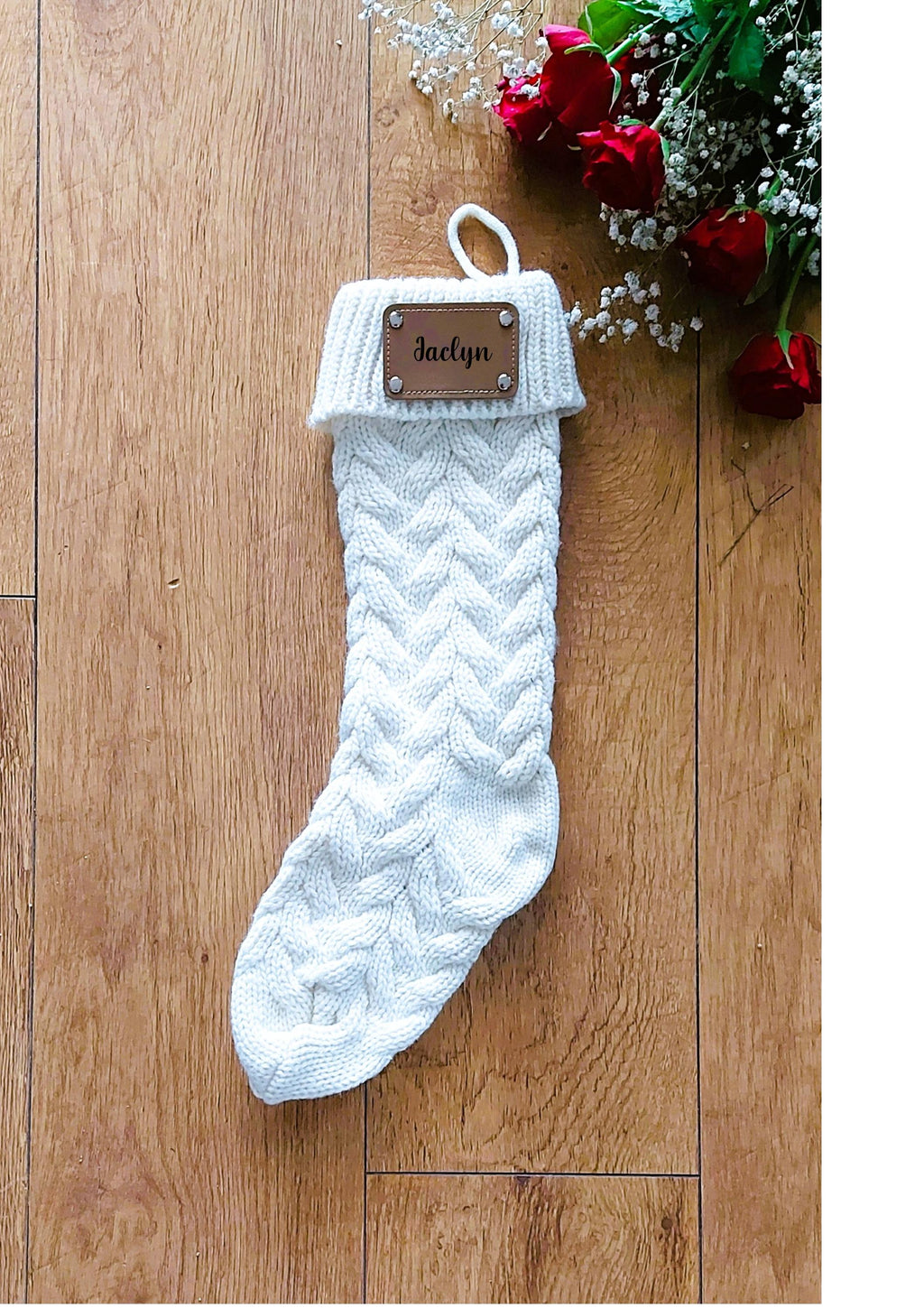 personalised Cream Knit Christmas Stocking with Leather Tag