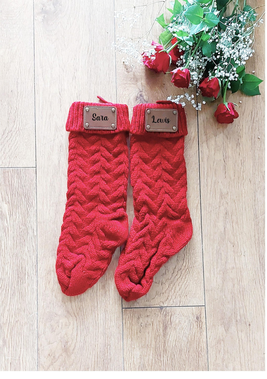 personalised Knitted Christmas Stocking: Red Chunky Knit with Leather Tag