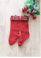 personalised Knitted Christmas Stocking: Red Chunky Knit with Leather Tag