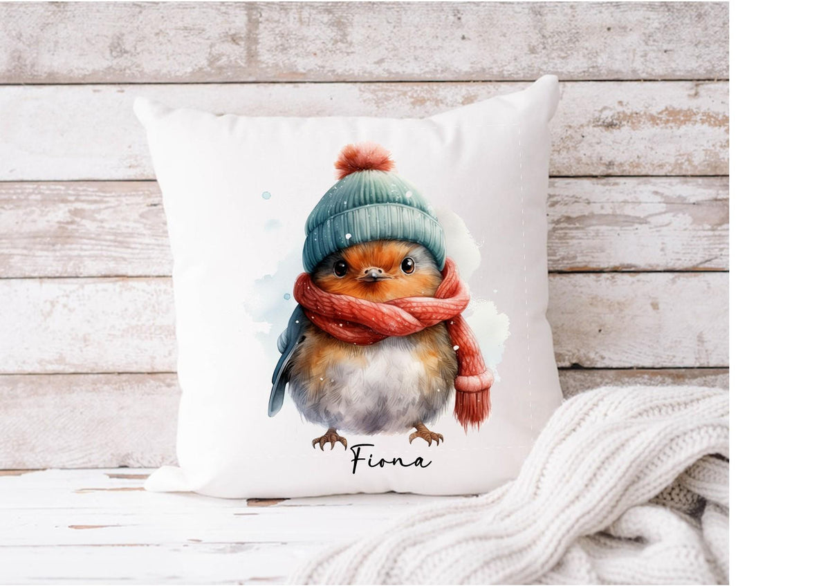 Personalised Christmas robin cushion