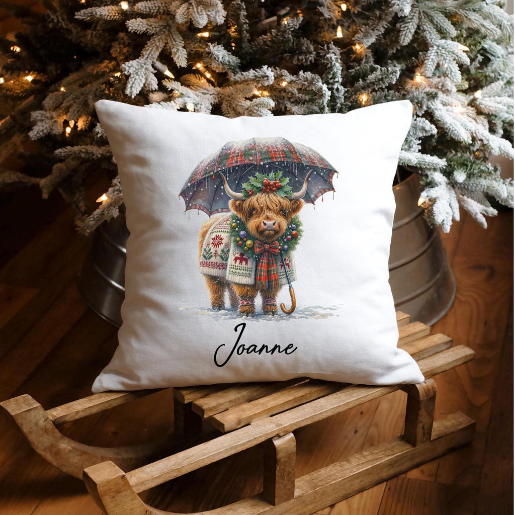 Christmas Highland Cow Cushion: personalised Holiday Pillow