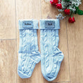 personalised Knit Christmas Stocking: Silver Grey Wool, Leather Tag