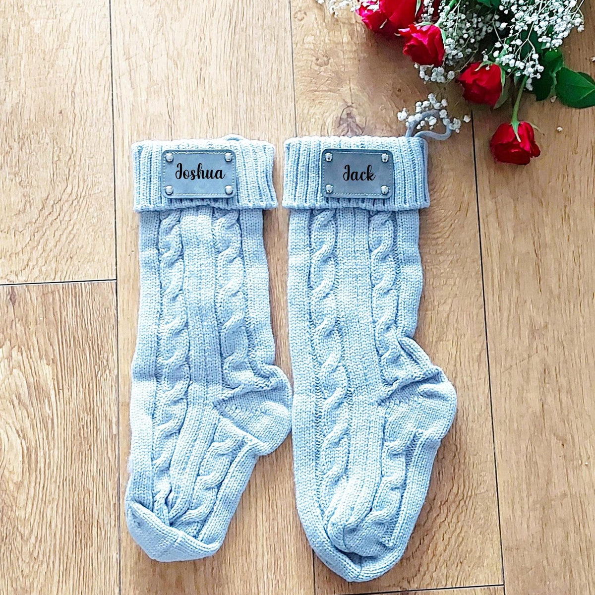 personalised Knit Christmas Stocking: Silver Grey Wool, Leather Tag