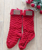 personalised Knitted Christmas Stocking: Red Chunky Knit with Leather Tag