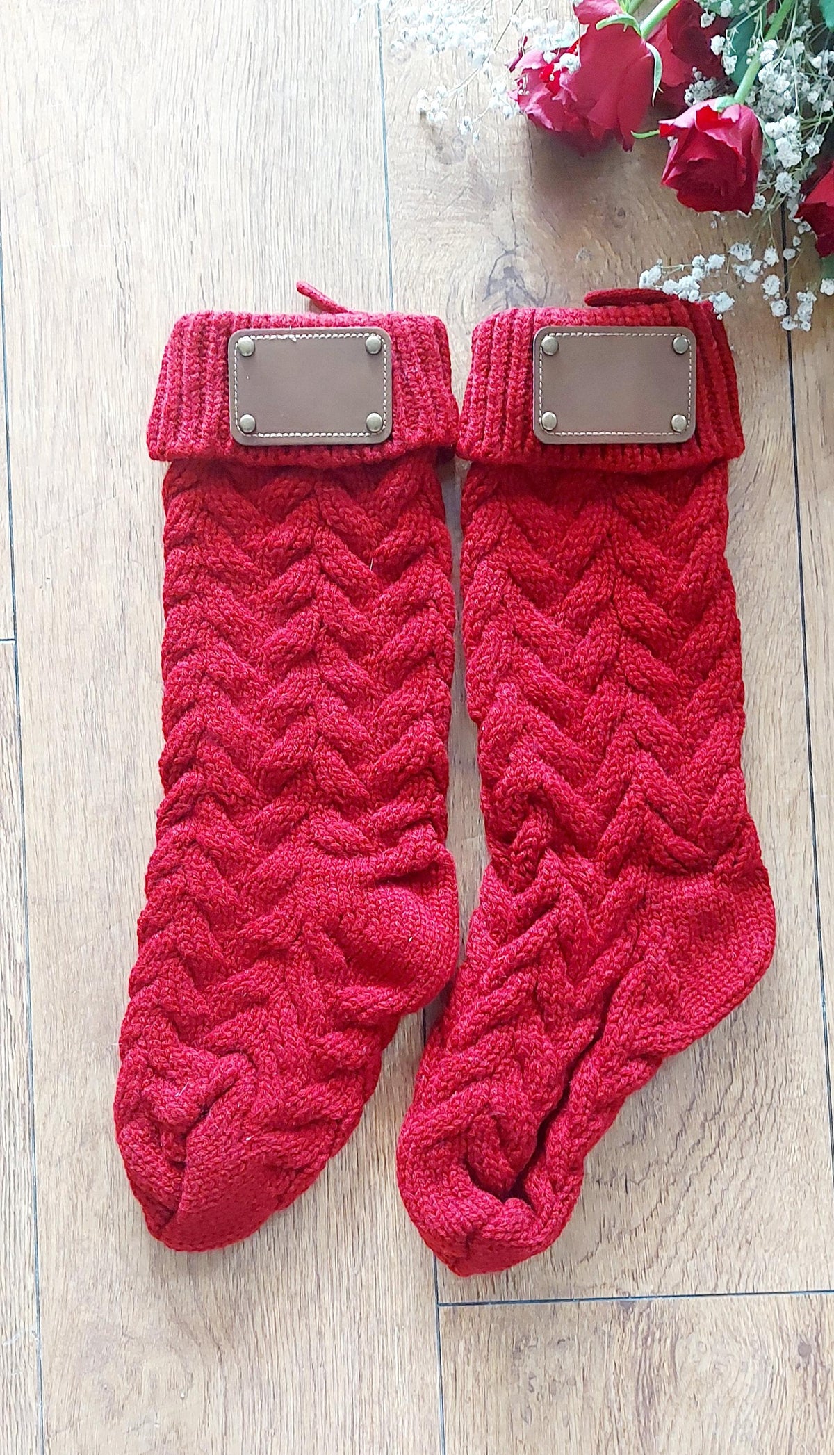 personalised Knitted Christmas Stocking: Red Chunky Knit with Leather Tag
