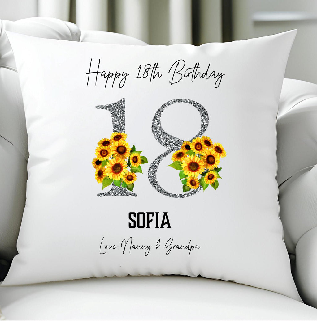 Personalised 18th sunflower Birthday Cushion:, custom throw pillow, personalised 18th pillow cover