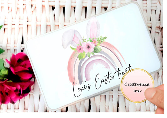 personalised Easter Bunny Treat Tin: Rainbow Easter Gift