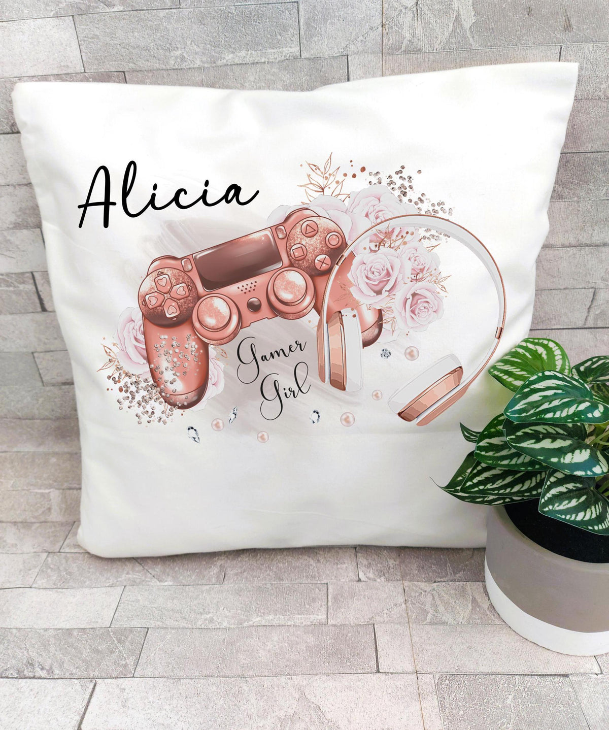 personalised Gamer Girl Cushion: Floral Gaming Room Decor