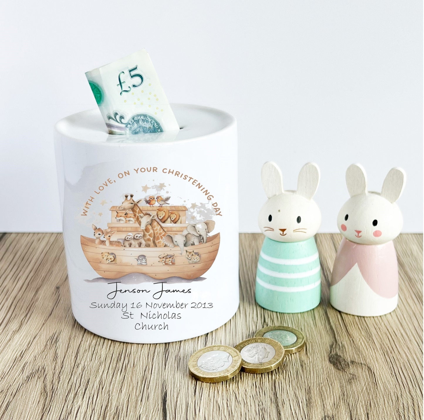Personalised Noah's Ark Christening Money Box,Personalised Money Box, Christening gift for baby boy,  Baby Keepsake, Baby Money Box