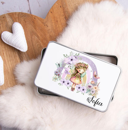 personalised Fairy Rainbow Tin: Girl's Hair Accessory Storage
