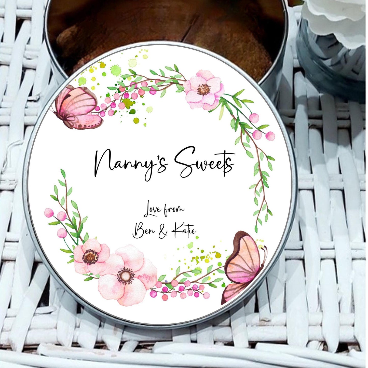 Floral Butterfly Wreath Storage Tin: Gift for Grandma